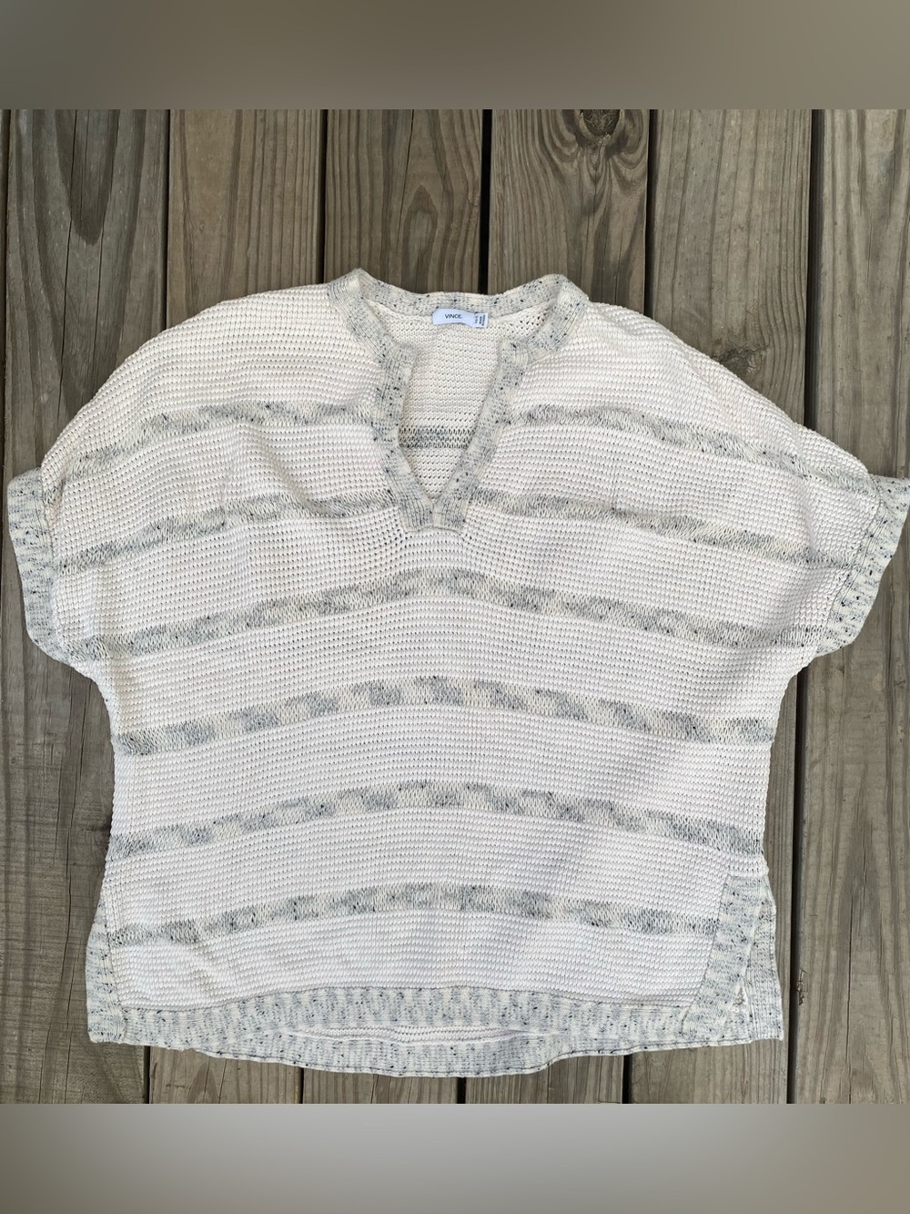 Vince Cream Knit Short-Sleeve Pullover with Heathered Gray Stripes